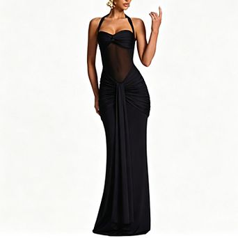 Women's Halter Ruched Bodycon A-Line Maxi Dress