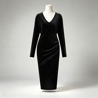 Women's Velvet Midi Dress Long Sleeve V-Neck Slim Fit Party Dress