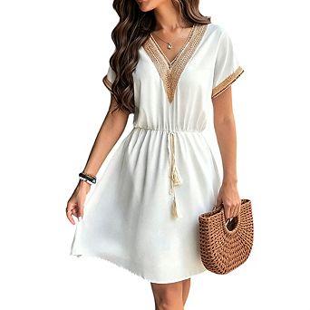 Womens Hollow Out Short Sleeve V Neck Lace Crochet Knit Flowy Boho High Waist A Line Dress