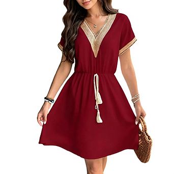 Womens Hollow Out Short Sleeve V Neck Lace Crochet Knit Flowy Boho High Waist A Line Dress