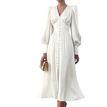 Women's Elegant Single Breasted High Waist Lantern Long Sleeve Chic Party Maxi Dress