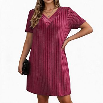Women V‑Neck Ribbed Shift Dress Short Sleeve Loose Fit Casual Mini Dress with Pockets