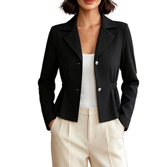Women Elastic Waist Crop Blazer Jacket Lapel Collar Long Sleeve Button Front Casual Outerwear