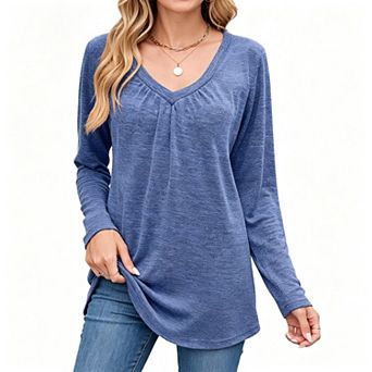 EcoSummer Women’s V Neck Gathered Front Long Sleeve Top, Heather Knit Loose Fit Casual Tunic Shirt