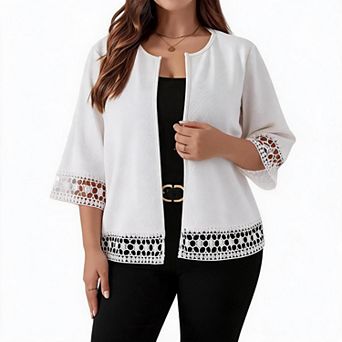 Women Plus Size Open Front Cardigan 3/4 Sleeve Hollow Lace Trim Lightweight Jacket