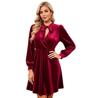 Women Velvet Mini Dress Tie Neck A‑Line Party Dress
