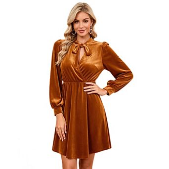 Women Velvet Mini Dress Tie Neck A‑Line Party Dress