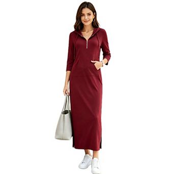 Women Hooded Half Zip Side Slit Long Dress With Pocket