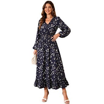 Women Floral Print Maxi Dress V Neck Ruffle Flowy Dress