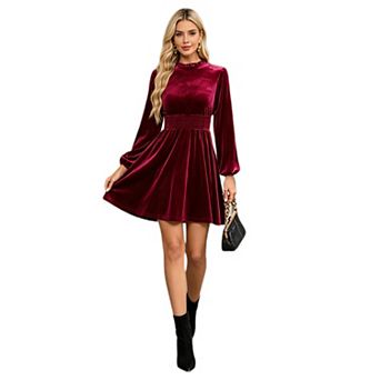 Women Velvet Mini Dress Ruffle Mock Neck Swing Party Dress