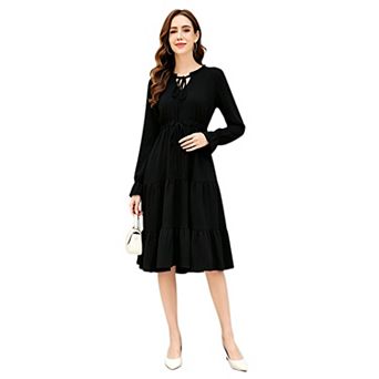 Women Tiered Midi Dress Tie Front Drawstring Flowy Dress
