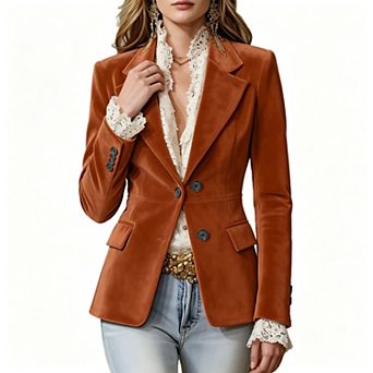 Women’s Two Button Velvet Blazer, Notch Lapel Tailored Fitted Business Casual Jacket