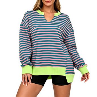 Women's Striped Oversized Sweatshirts Fall Crewneck Long Sleeve Shirts Color Block Pullover Tops