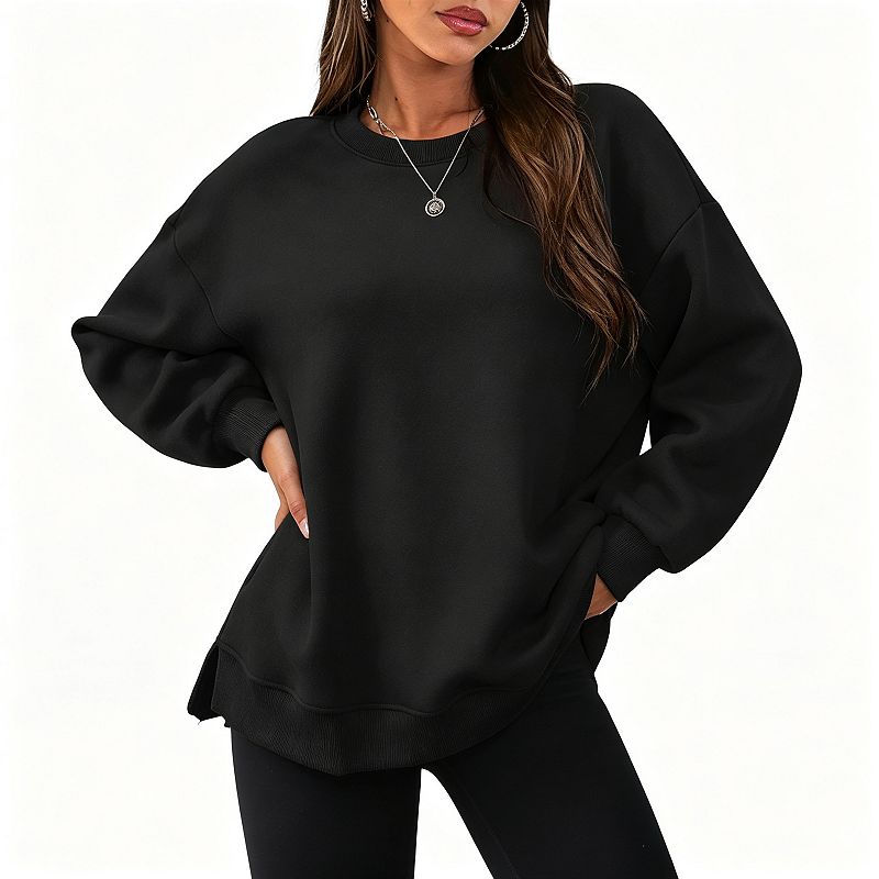 Women’s Oversized Crew Neck Sweatshirt, Long Sleeve Side Split Pocketed ...