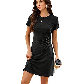 Women Casual Pleated Short Sleeve Crew Neck Bodycon Mini Slim Fit Dresses