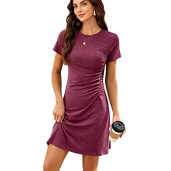 Women Casual Pleated Short Sleeve Crew Neck Bodycon Mini Slim Fit Dresses