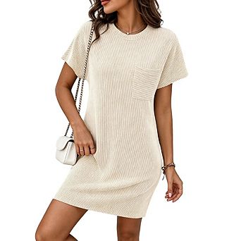 Women's Casual Short Sleeve Crew Neck Ribbed Textured Mini Dresses with Chest Pocket