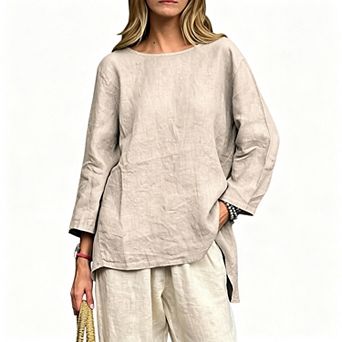 EcoSummer Women’s Linen Crew Neck 3/4 Sleeve Tunic Top, Side Split Oversized Casual Blouse