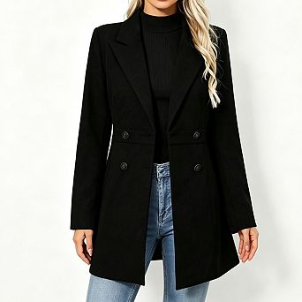 Women Blazer Coat Notched Lapel Double Breasted Mid Length Outerwear Long Sleeve Solid Jacket