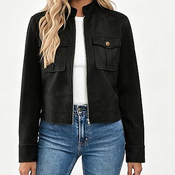 Women Cropped Jacket Stand Collar Zip Up Long Sleeve Faux Suede Outerwear with Flap Pockets