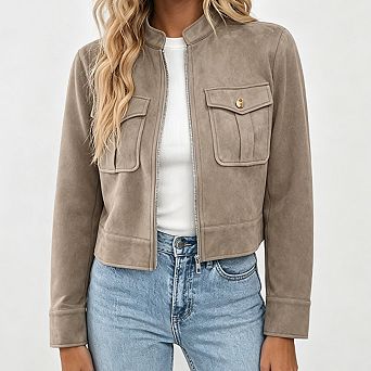 Women Cropped Jacket Stand Collar Zip Up Long Sleeve Faux Suede Outerwear with Flap Pockets
