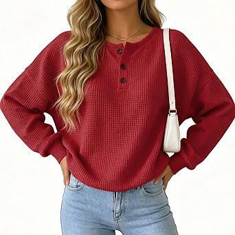 Women's Button Henley Knit Pullover Oversized Long Sleeve V‑Neck Loose Fit Top