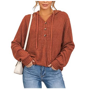 Women Henley Neck Ribbed Hoodies Causal Fall Drawstring Long Sleeve Hooded Sweatshirts with Pocket
