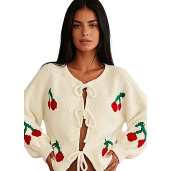Women's Cute Cherry Patterned Chunky Knit Cardigan With A Round Neck And Tie Front Closure