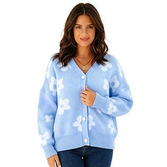Women's V Neck Floral Print Cardigan with Contrast Buttons