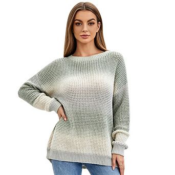 Women's Chunky Knit Waffle Texture Crew Neck Pullover Sweater