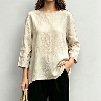 Women Linen 3/4 Sleeve Blouse Loose Fit Crew Neck Casual Irregular Curved Hem Shirt