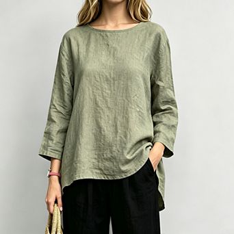 Women Linen 3/4 Sleeve Blouse Loose Fit Crew Neck Casual Irregular Curved Hem Shirt