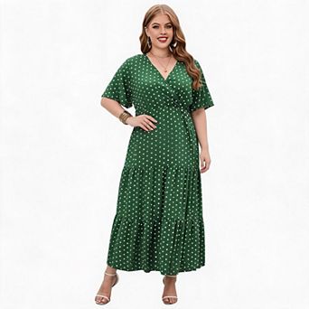 Women Plus Size V Neck Wrap Midi Dress Short Flutter Sleeve Polka Dot Tiered Long Dress