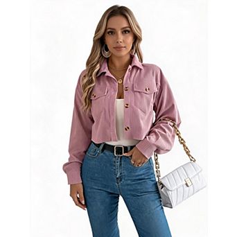 Women's Cropped Corduroy Shacket, Button Front Short Jacket for Streetwear