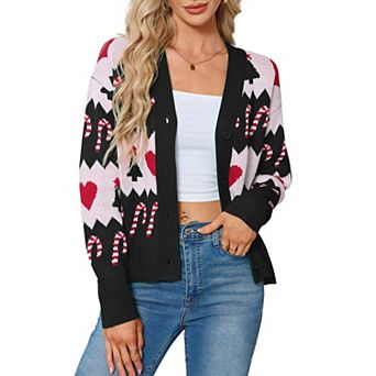 GloryStar Womens Crew Neck Christmas Cardigans Long Sleeve Button Open Front Heart Casual Sweaters