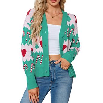 GloryStar Womens Crew Neck Christmas Cardigans Long Sleeve Button Open Front Heart Casual Sweaters