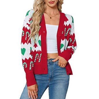 GloryStar Womens Crew Neck Christmas Cardigans Long Sleeve Button Open Front Heart Casual Sweaters