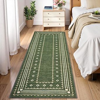 Modern Geometric Border Machine Washable Area Rug Low-Pile Non-Slip Foldable Carpet