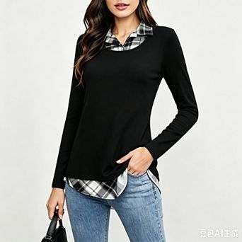 Valossie Women's Long Sleeve Contrast Collared Shirts Patchwork Casual Work Blouse Tunics Tops