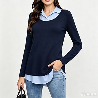 Valossie Women's Long Sleeve Contrast Collared Shirts Patchwork Casual Work Blouse Tunics Tops