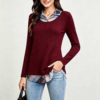 Valossie Women's Long Sleeve Contrast Collared Shirts Patchwork Casual Work Blouse Tunics Tops
