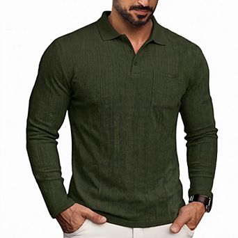 Men's Long Sleeve Jacquard Polo Shirt Collared Pullover Casual Top