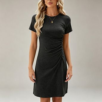 Women's Casual Ruched Short Sleeve Crewneck Midi T-Shirt Dress