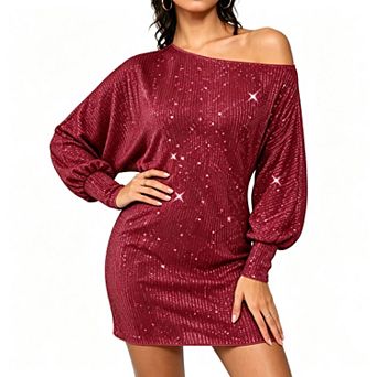 Women's Elegant Asymmetric Shoulder Sequin Long Sleeve Midi Party Dress