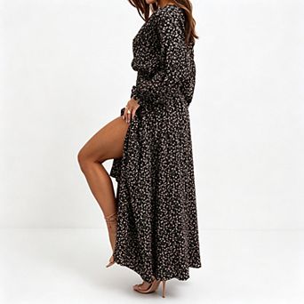 Women's Casual Floral Print V-Neck Long Sleeve Side Slit A-Line Maxi Dress