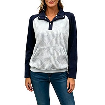 Womens Plain Sweatshirts Lapel Button v Neck Casual Long Sleeve Color Block Tunic Tops Fall Outfits