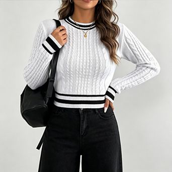 ShopWonder Women's Cropped Cable Knit Crew Neck Long Sleeve Striped Sweater