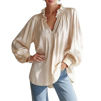 Women Top Ruffled V‑Neck Balloon Long Sleeve Loose Oversized Satin Blouse Tunic