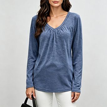 Valossie Women Fall v Neck Long Sleeve Shirts Casual Solid Pleated Tees Curved Hem Blouses