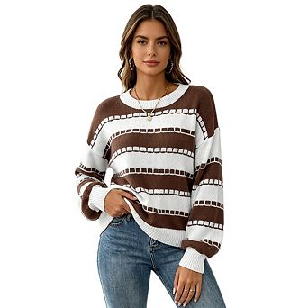 Women's Fashionable Cropped Crew Neck Striped Color Block Knit Pullover